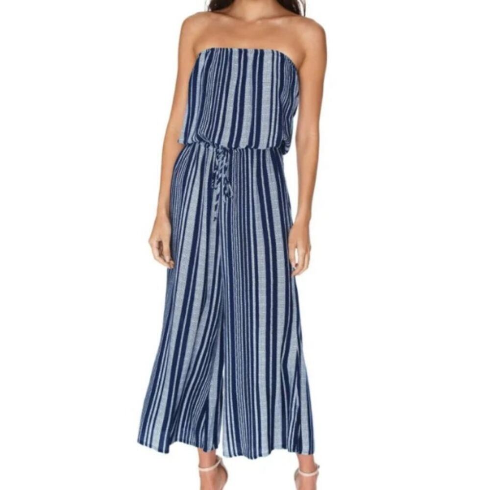 Revolve Blue Life Bell Jumpsuit Romper Size S Blue Strapless Striped